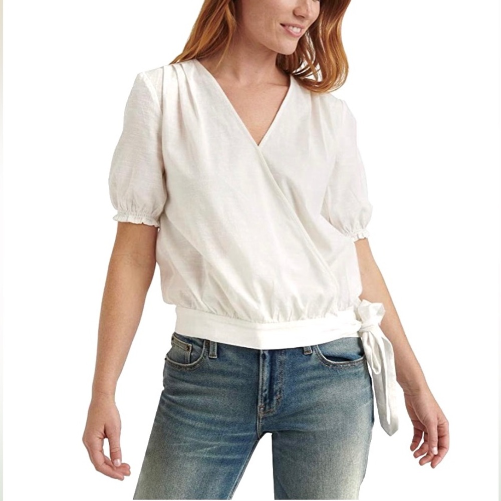 Lucky Brand White Textured Side-Tie Surplice V-Neck Wrap Top Blouse